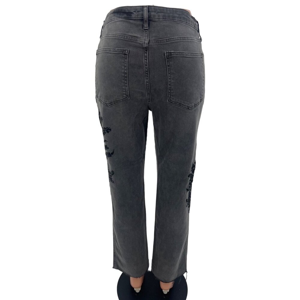 NWOT Free People Gray Embroidered High-Rise Straight Leg Girlfriend Jeans | Boho - Picture 12 of 15